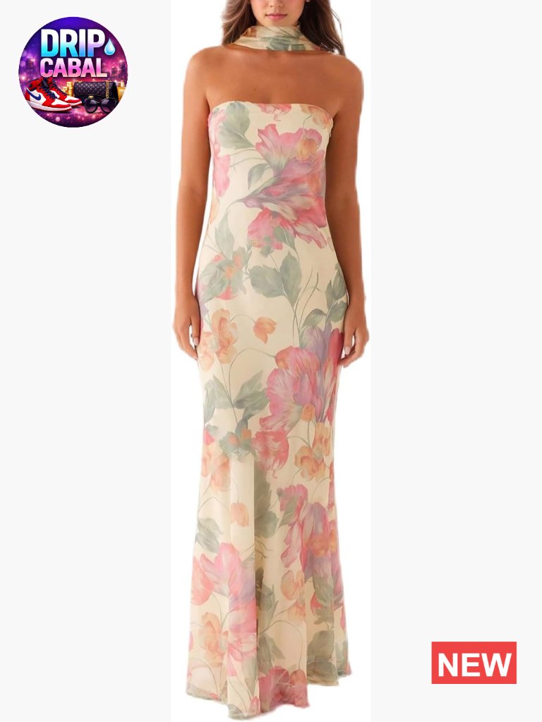 Strapless Backless Mesh Bodycon Maxi Dress With Scarf